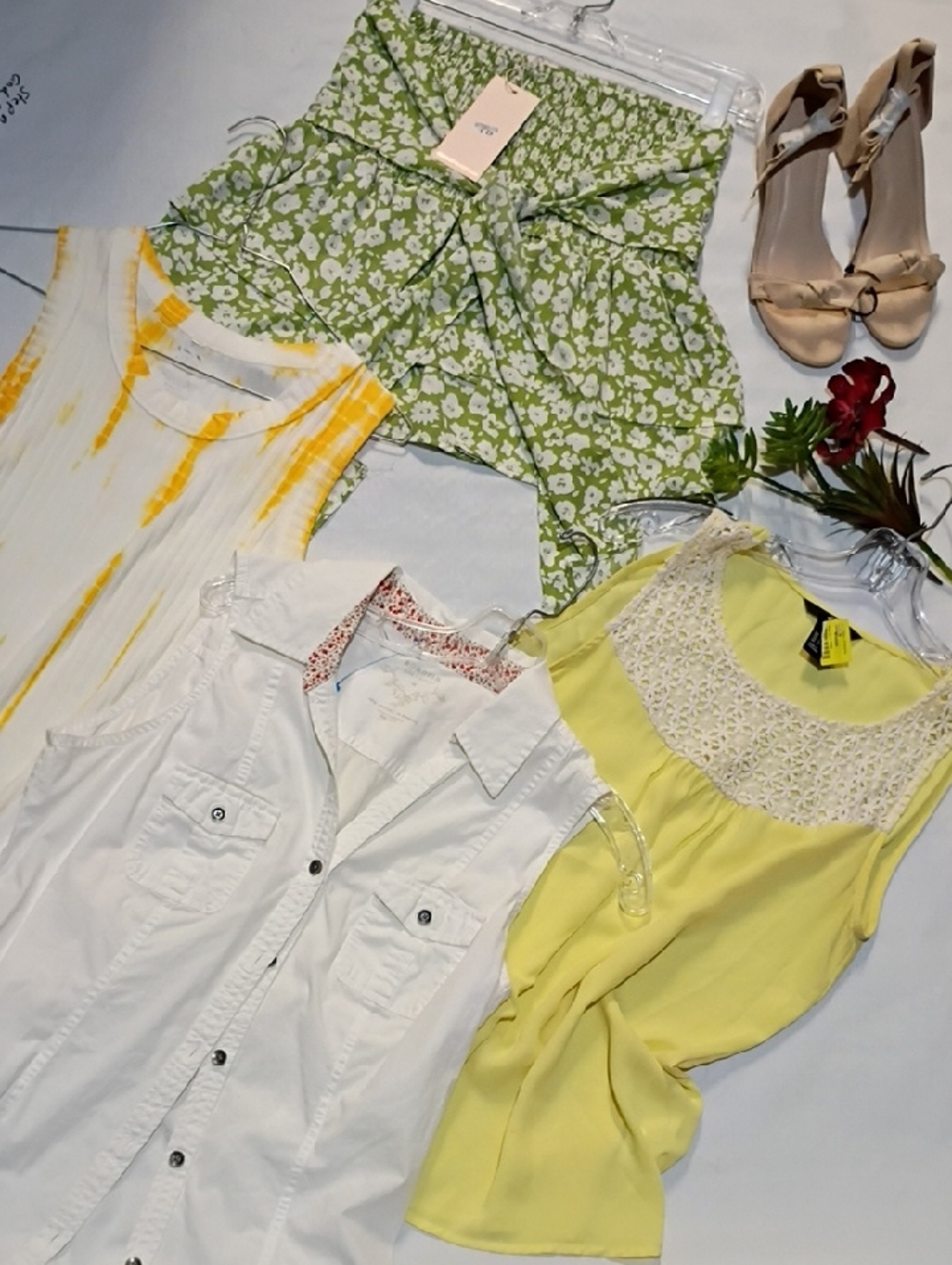 Yellow Lace Yoke Sleeveless Top by BIN NUMBER 133